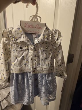 Little Lass Girls' White Floral Jacket with Light Blue Lace Dress